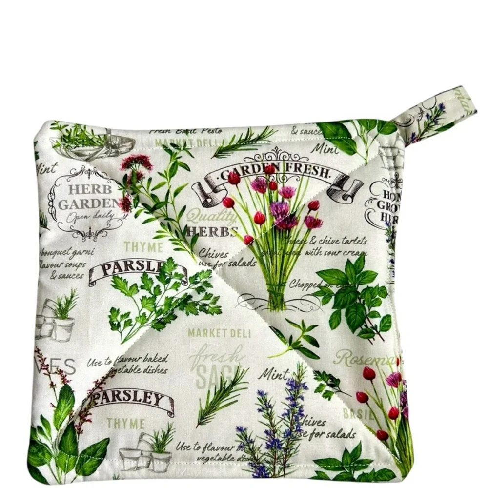Hand Crafted Garden Herb Design Pot Holders - Green and White Hot Mat Trivet